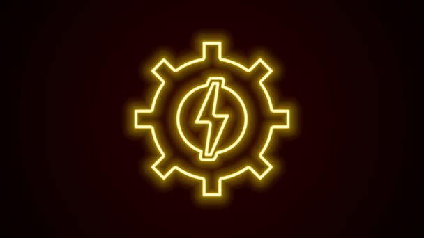 Gloeiende Neon Lijn Gear Bliksem Pictogram Geïsoleerd Zwarte Achtergrond Elektriciteit — Stockvideo