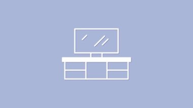 Beyaz TV masası simgesi mor arkaplanda izole edilmiş. 4K Video hareketli grafik canlandırması.