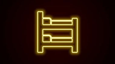 Parlayan neon çizgisi Bunk yatak simgesi siyah arkaplanda izole edildi. 4K Video hareketli grafik canlandırması.