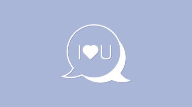 Beyaz konuşma baloncuğu, mor arka planda izole edilmiş seni seviyorum ikonu yazılı. Sevgililer Günü. 4K Video hareketli grafik canlandırması.