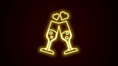 Parlayan neon hattı. Siyah arka planda izole edilmiş şampanya ikonu. Sevgililer günün kutlu olsun. 4K Video hareketli grafik canlandırması.