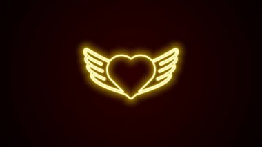 Siyah zemin üzerinde kanat simgesi olan parlak neon çizgili kalp. Aşk sembolü. Sevgililer günün kutlu olsun. 4K Video hareketli grafik canlandırması.