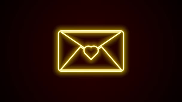 ブラックを基調としたバレンタインハートのアイコンが輝くネオンラインエンベロープ 愛のメッセージ 手紙の愛とロマンス 4Kビデオモーショングラフィックアニメーション — ストック動画