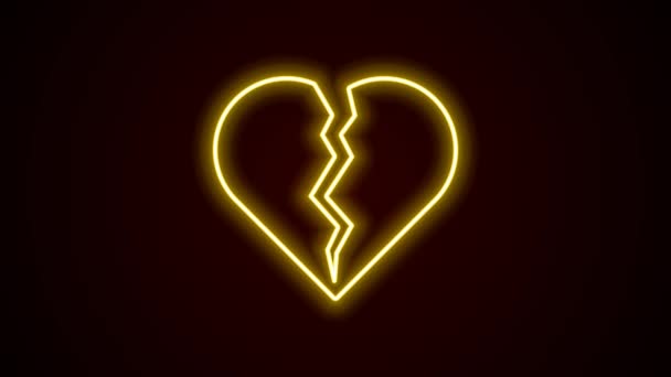 Glowing Neon Line Broken Heart Divorce Icon Isolated Black Background — Stock video