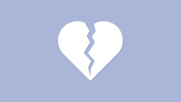 Coração Partido Branco Ícone Divórcio Isolado Fundo Roxo Símbolo Amor — Vídeo de Stock