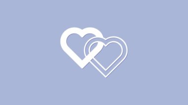 Beyaz İki Bağlı Kalp simgesi mor arkaplanda izole edildi. Romantik sembol, bağlanma, tutku ve düğün. Sevgililer Günü. 4K Video hareketli grafik canlandırması.