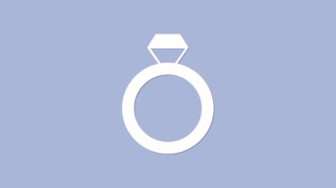 Mor arkaplanda izole edilmiş beyaz alyans simgesi. Gelin ve damat mücevher tabelası. Evlilik sembolü. Elmas yüzük. 4K Video hareketli grafik canlandırması.