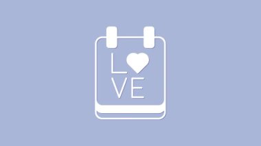 14 Şubat simgesine sahip beyaz takvim mor arkaplanda izole edildi. Sevgililer Günü. Aşk sembolü. 4K Video hareketli grafik canlandırması.