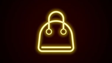 Parlayan neon çizgisi simgesi siyah arkaplanda izole edildi. Kadın el çantası işareti. Glamour günlük bagaj sembolü. 4K Video hareketli grafik canlandırması.