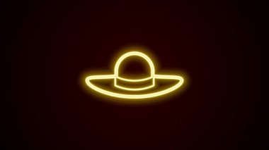 Parlak neon çizgisi, siyah arka planda izole edilmiş zarif kadın şapka ikonu. 4K Video hareketli grafik canlandırması.