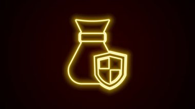Siyah arka planda izole edilmiş kalkan simgesiyle parlayan neon hattı para çantası. Sigorta konsepti. Güvenlik, güvenlik, koruma, konsept koruma. 4K Video hareketli grafik canlandırması.