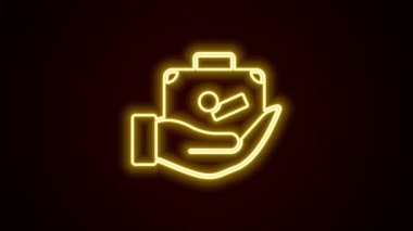Parlayan neon hattı seyahat valizi siyah arka planda izole edilmiş bir el simgesi. Seyahat bagaj sigortası. Güvenlik, güvenlik, koruma, konsept koruma. 4K Video hareketli grafik canlandırması.