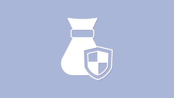 Bílá Taška Peníze Ikonou Štítu Izolované Fialovém Pozadí Pojištění Zabezpečení — Stock video