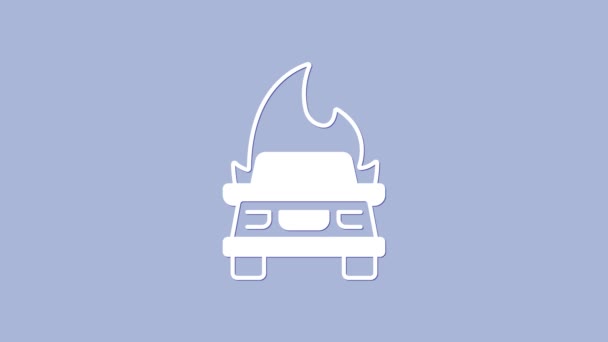 Ikona Białego Płonącego Samochodu Odizolowana Fioletowym Tle Koncepcja Ubezpieczenia Samochód — Wideo stockowe