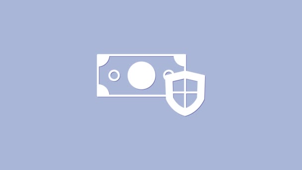 白色货币与盾牌图标隔离在紫色背景 保险概念 保护概念 4K视频运动图形动画 — 图库视频影像