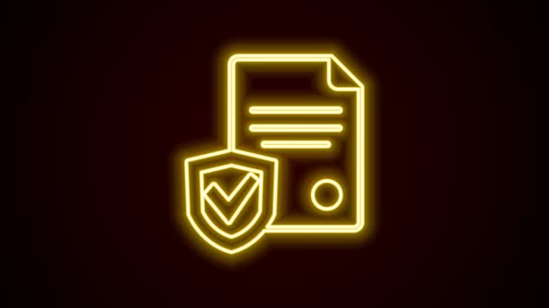 Glowing Neon Line Contract Shield Icon Isolated Black Background Insurance — Stock Video
