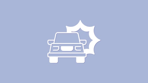 Ikona Wypadku Białego Samochodu Odizolowana Fioletowym Tle Koncepcja Ubezpieczenia Ochrona — Wideo stockowe