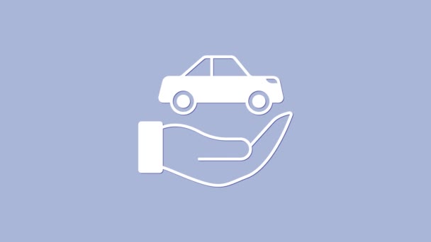 Witte Auto Verzekeringspictogram Geïsoleerd Paarse Achtergrond Verzekeringsconcept Beveiliging Veiligheid Bescherming — Stockvideo