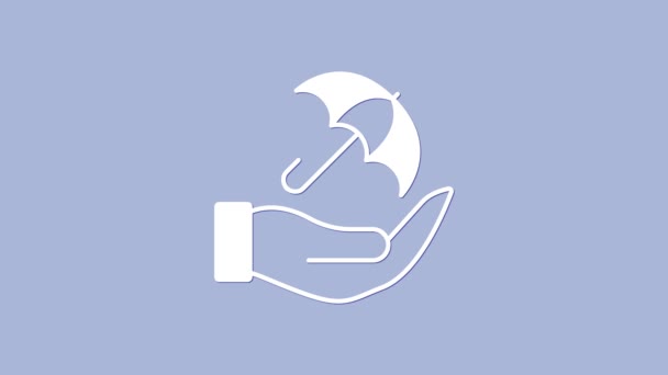 Белый Зонтик Руке Значок Изолирован Фиолетовом Фоне Концепция Страхования Водонепроницаемый — стоковое видео