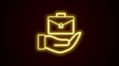 Parlayan neon çizgisi. El, siyah arka planda izole edilmiş evrak çantası simgesini tutuyor. Sigorta konsepti. Güvenlik, güvenlik, koruma, konsept koruma. 4K Video hareketli grafik canlandırması.