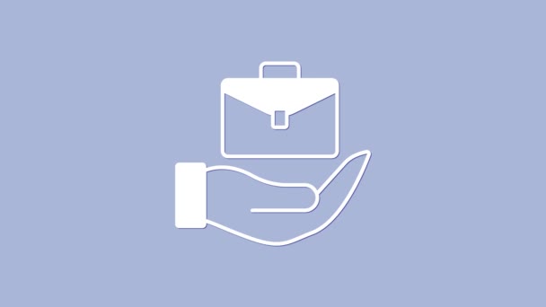 白色的手拿着用紫色背景隔开的公文包图标 保险概念 保护概念 4K视频运动图形动画 — 图库视频影像