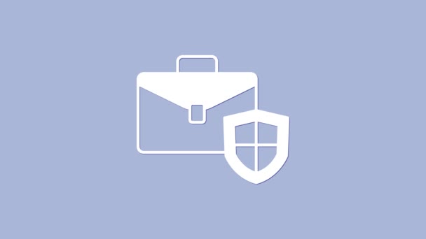 紫色の背景にシールドアイコンとホワイトブリーフケース 保険の概念 セキュリティ 安全性 保護の概念 4Kビデオモーショングラフィックアニメーション — ストック動画