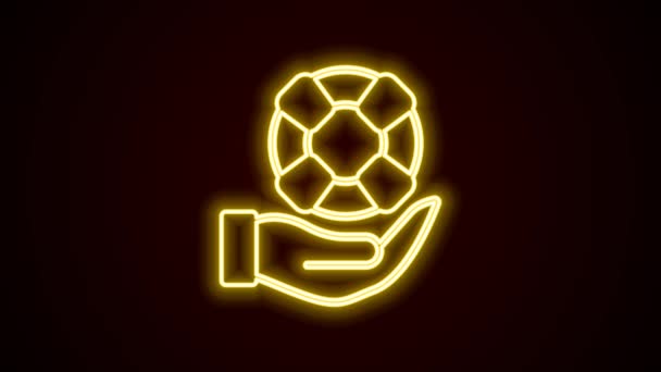 Glödande Neon Linje Lifebuoy Handen Ikon Isolerad Svart Bakgrund Livbältessymbol — Stockvideo