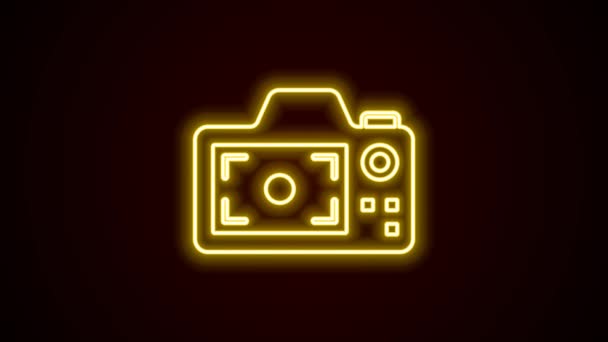 Φωτεινή Γραμμή Νέον Εικόνα Φωτογραφικής Μηχανής Που Απομονώνεται Μαύρο Φόντο — Αρχείο Βίντεο