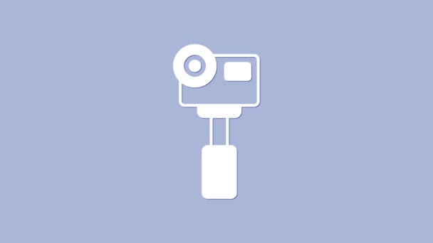 ホワイトアクション紫色の背景に隔離された極端なカメラアイコン 極端なスポーツを撮影するためのビデオカメラ機器 4Kビデオモーショングラフィックアニメーション — ストック動画