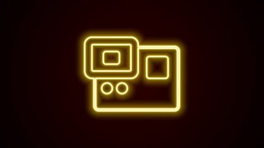 Parlayan neon hattı Eylem aşırı kamera simgesi siyah arkaplanda izole edildi. Ekstrem sporları çekmek için video kamera ekipmanı. 4K Video hareketli grafik canlandırması.