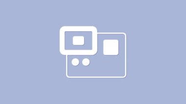 Beyaz Eylem ekstrem kamera simgesi mor arkaplanda izole edildi. Ekstrem sporları çekmek için video kamera ekipmanı. 4K Video hareketli grafik canlandırması.