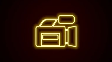 Parlayan neon hattı sinema kamerası simgesi siyah arkaplanda izole edildi. Video kamera. Film tabelası. Film projektörü. 4K Video hareketli grafik canlandırması.