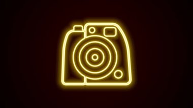 Parlayan neon hattı fotoğraf makinesi simgesi siyah arkaplanda izole edildi. Foto kamera. Dijital fotoğrafçılık. 4K Video hareketli grafik canlandırması.