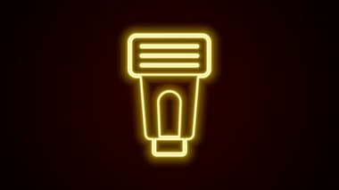 Parlayan neon hattı fotoğraf makinesi flaş ikonu siyah arkaplanda izole edildi. 4K Video hareketli grafik canlandırması.