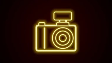 Parlayan neon hattı fotoğraf makinesi simgesi siyah arkaplanda izole edildi. Foto kamera. Dijital fotoğrafçılık. 4K Video hareketli grafik canlandırması.