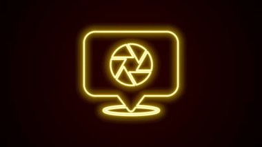 Parlayan neon hattı kamera deklanşör simgesi siyah arkaplanda izole edildi. 4K Video hareketli grafik canlandırması.