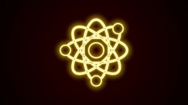 Parlayan neon hattı Atom simgesi siyah arkaplanda izole edildi. Bilimin, eğitimin, nükleer fiziğin, bilimsel araştırmaların sembolü. 4K Video hareketli grafik canlandırması.