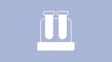 Mor arkaplanda beyaz test tüpü ve kimyasal test ikonu izole edildi. Laboratuvar cam levhası. 4K Video hareketli grafik canlandırması.