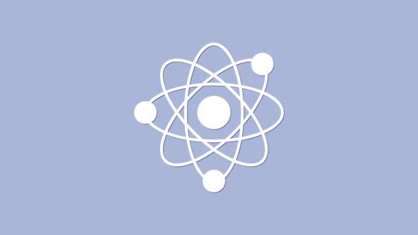 紫色の背景に分離されたホワイトアトムアイコン 核物理学 科学研究の象徴 4Kビデオモーショングラフィックアニメーション — ストック動画