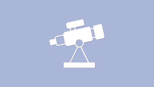Witte Telescoop Pictogram Geïsoleerd Paarse Achtergrond Wetenschappelijk Instrument Opleiding Astronomie — Stockvideo