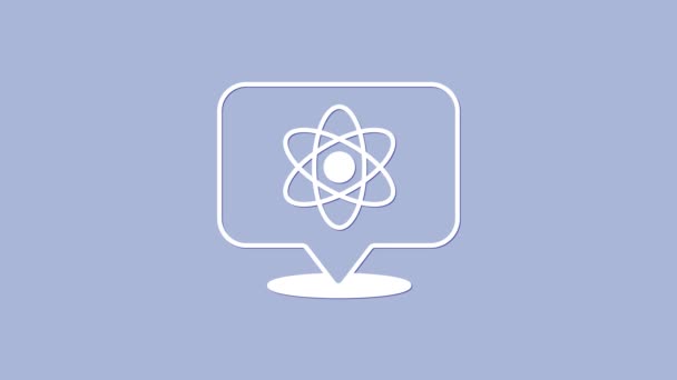 白色原子图标孤立在紫色背景 核物理学 科学研究的象征 4K视频运动图形动画 — 图库视频影像