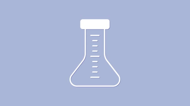 紫色の背景に分離された白色試験管とフラスコ化学実験室の試験アイコン 研究室のガラス製品のサイン 4Kビデオモーショングラフィックアニメーション — ストック動画