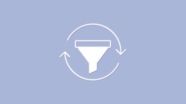 Mor zemin üzerinde izole edilmiş pazarlama ve girişim simgesi grafiği olan Ak Satış hunisi. Bilgi şablonu. 4K Video hareketli grafik canlandırması.