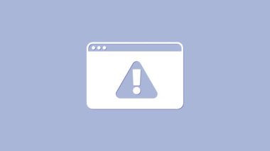 Mor zemin üzerinde ünlem işareti simgesi olan beyaz tarayıcı. Uyarı mesajı akıllı telefon uyarısı. 4K Video hareketli grafik canlandırması.