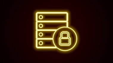 Siyah arkaplanda kapalı asma kilit ikonu olan parlayan neon hattı sunucu güvenliği. Veritabanı ve kilit. Güvenlik, güvenlik, koruma kavramı. 4K Video hareketli grafik canlandırması.