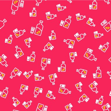 Kırmızı arka planda izole edilmiş biber ve cam ikonlu çizgi votka. Ukrayna ulusal alkolü. Vektör.