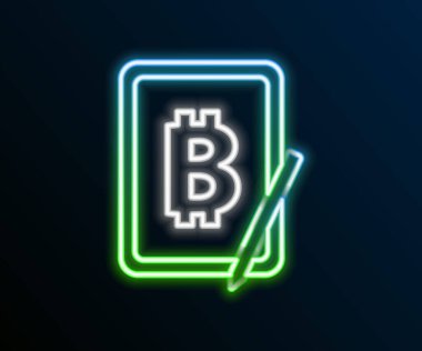 Siyah arkaplanda izole edilmiş grafik tablet ikonundan parlayan neon hattı madencilik bitcoin. Kripto para birimi madenciliği, engelleme zinciri teknoloji servisi. Renkli taslak konsepti. Vektör.