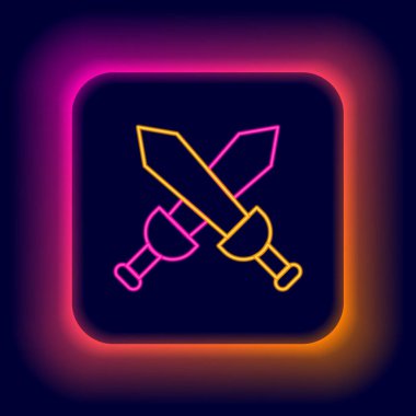 Parlayan neon hattı siyah arka planda izole edilmiş ortaçağ kılıç simgesini geçti. Ortaçağ silahı. Renkli taslak konsepti. Vektör.