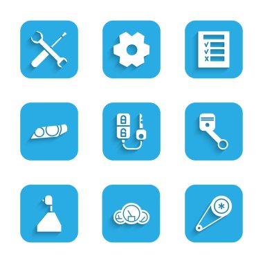 Otomobil anahtarını uzaktan Hız göstergesi zamanlayıcı kemer kiti, motor piston vites dişli far denetimi, tornavida ve anahtar anahtarı simgesi ile ayarla. Vektör.