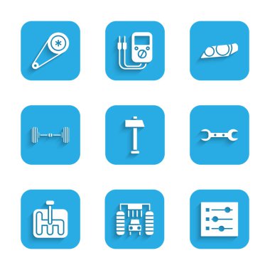 Çekiç Araba Yıkama ayarlarını, İngiliz anahtarlarını vites değiştiricisini, araba farlarını ve zaman ayarlama kemeri simgesini ayarla. Vektör.